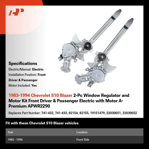 1983-1994 Chevrolet S10 Blazer 2-Pc Window Regulator and Motor Kit Front Driver & Passenger Electric with Motor A-Premium APWR2290