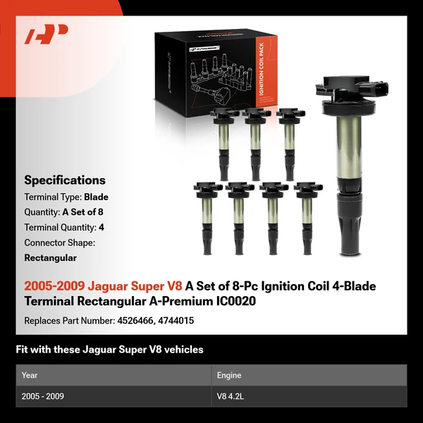 2005-2009 Jaguar Super V8 A Set of 8-Pc Ignition Coil 4-Blade Terminal Rectangular A-Premium IC0020