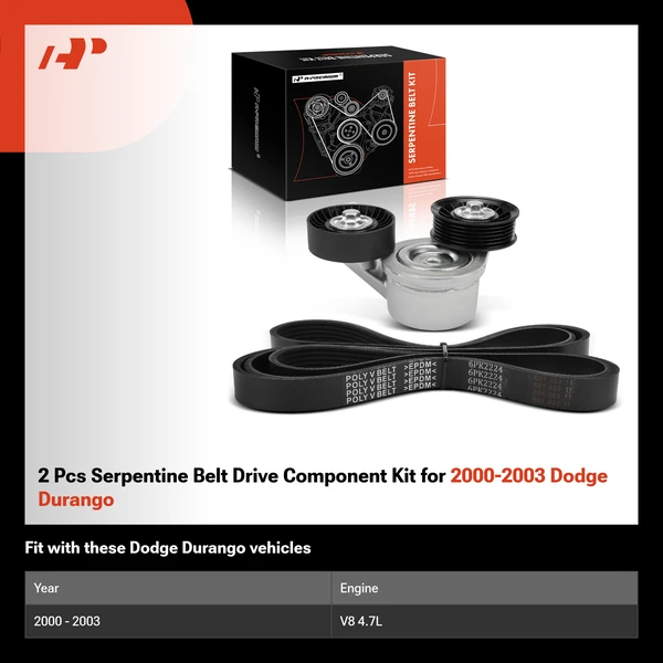 2 Pcs Serpentine Belt Drive Component Kit for 2000-2003 Dodge Durango