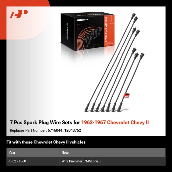 7 Pcs Spark Plug Wire Sets for 1962-1967 Chevrolet Chevy II