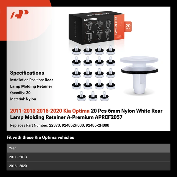 2011-2013 2016-2020 Kia Optima 20 Pcs 6mm Nylon White Rear Lamp Molding Retainer A-Premium APRCF2057