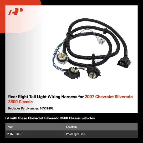 Rear Right Tail Light Wiring Harness for 2007 Chevrolet Silverado 3500 Classic