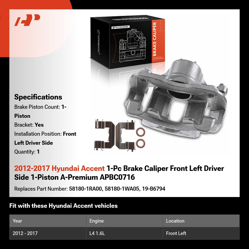 2012-2017 Hyundai Accent 1-Pc Brake Caliper Front Left Driver Side 1-Piston A-Premium APBC0716