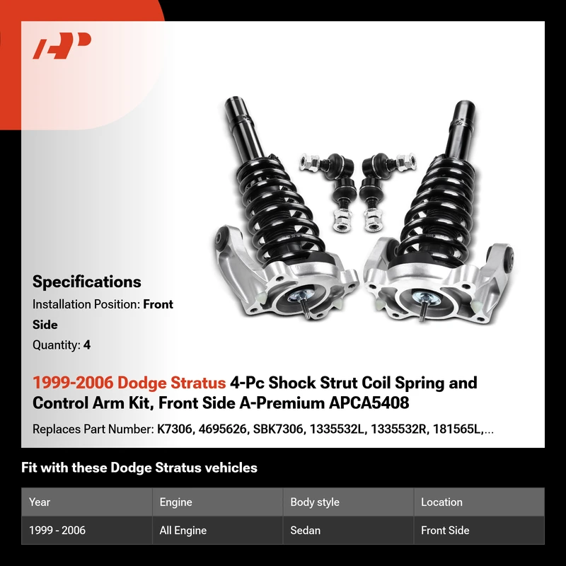 1999-2006 Dodge Stratus 4-Pc Shock Strut Coil Spring and Control Arm Kit, Front Side A-Premium APCA5408