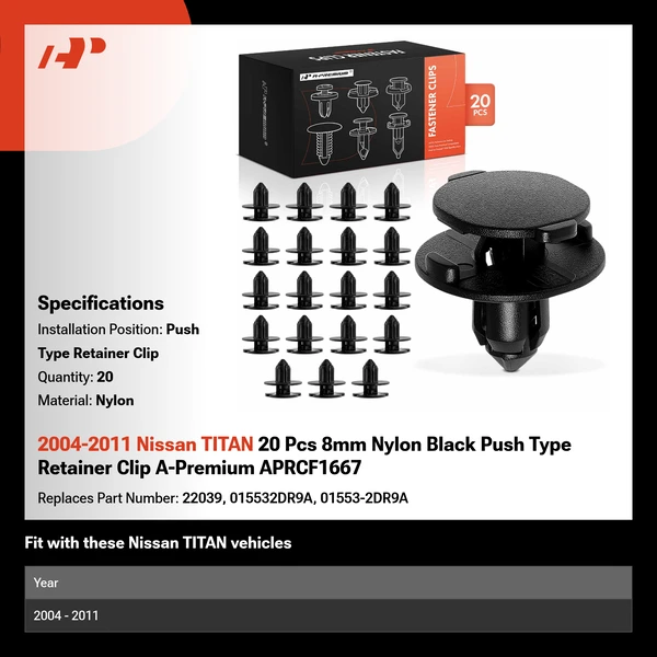 2004-2011 Nissan TITAN 20 Pcs 8mm Nylon Black Push Type Retainer Clip A-Premium APRCF1667