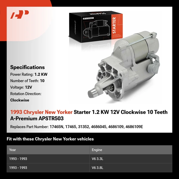 1993 Chrysler New Yorker Starter 1.2 KW 12V Clockwise 10 Teeth A-Premium APSTR503