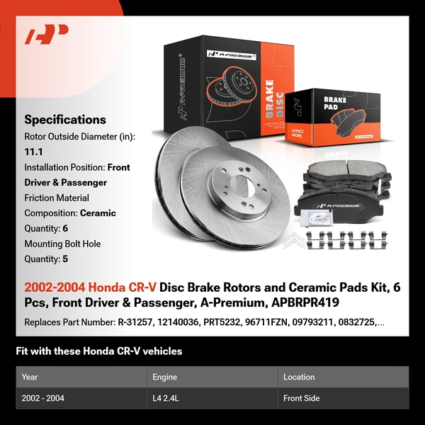 2002-2004 Honda CR-V Disc Brake Rotors and Ceramic Pads Kit, 6 Pcs, Front Driver & Passenger, A-Premium, APBRPR419