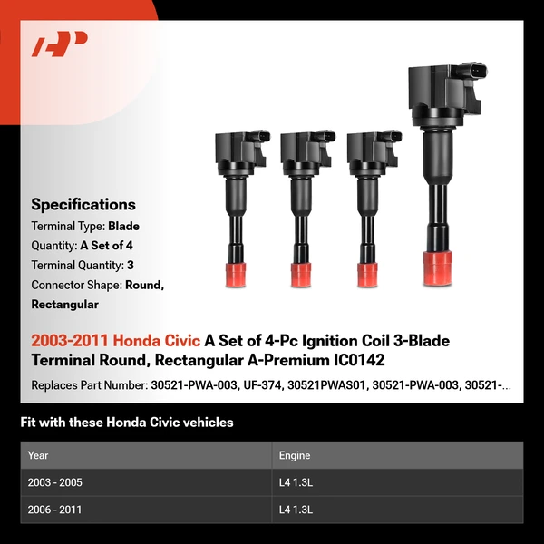2003-2011 Honda Civic A Set of 4-Pc Ignition Coil 3-Blade Terminal Round, Rectangular A-Premium IC0142