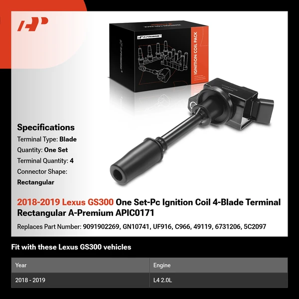 2018-2019 Lexus GS300 One Set-Pc Ignition Coil 4-Blade Terminal Rectangular A-Premium APIC0171
