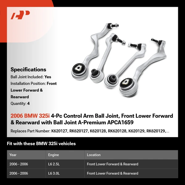 2006 BMW 325i 4-Pc Control Arm Ball Joint, Front Lower Forward & Rearward with Ball Joint A-Premium APCA1659