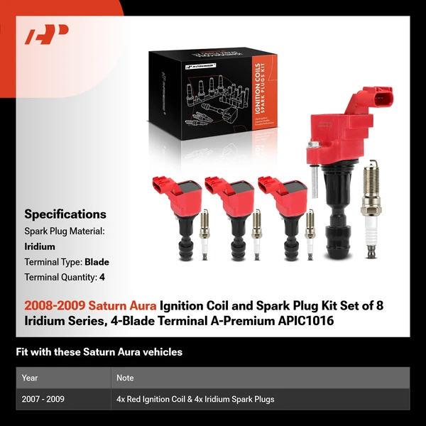 2008-2009 Saturn Aura Ignition Coil and Spark Plug Kit Set of 8 Iridium Series, 4-Blade Terminal A-Premium APIC1016