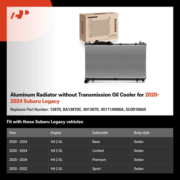 Aluminum Radiator without Transmission Oil Cooler for 2020-2024 Subaru Legacy