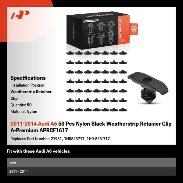 2011-2014 Audi A6 50 Pcs Nylon Black Weatherstrip Retainer Clip A-Premium APRCF1617