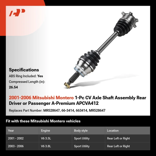 2001-2006 Mitsubishi Montero 1-Pc CV Axle Shaft Assembly Rear Driver or Passenger A-Premium APCVA412
