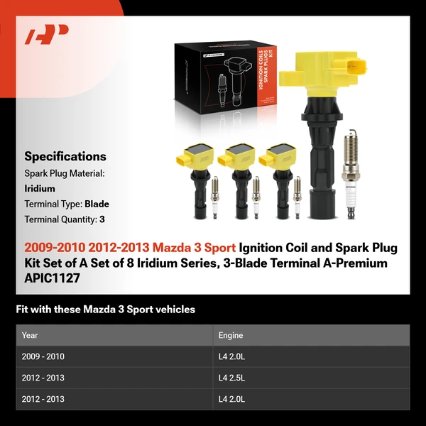 2009-2010 2012-2013 Mazda 3 Sport Ignition Coil and Spark Plug Kit Set of A Set of 8 Iridium Series, 3-Blade Terminal A-Premium APIC1127