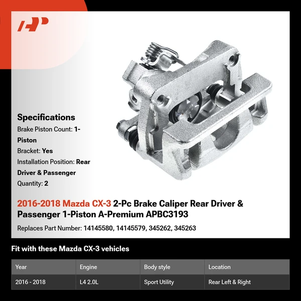 2016-2018 Mazda CX-3 2-Pc Brake Caliper Rear Driver & Passenger 1-Piston A-Premium APBC3193