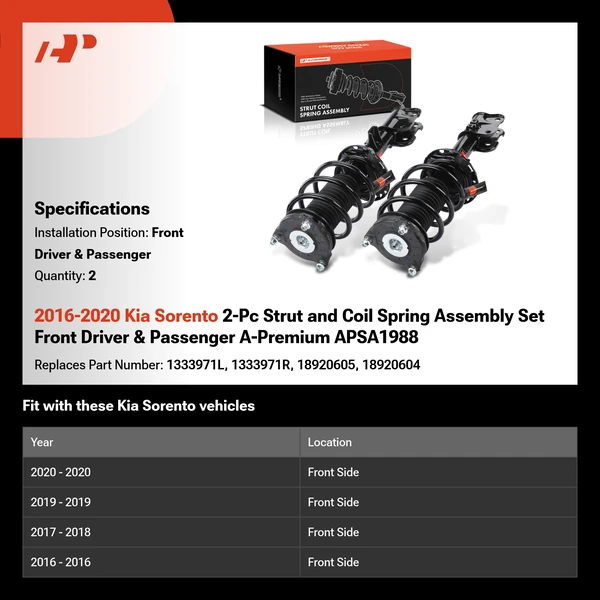 2016-2020 Kia Sorento 2-Pc Strut and Coil Spring Assembly Set Front Driver & Passenger A-Premium APSA1988