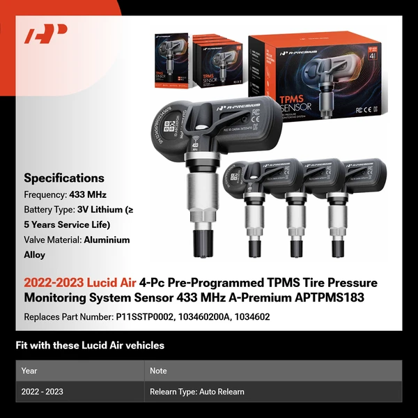 2022-2023 Lucid Air 4-Pc Pre-Programmed TPMS Tire Pressure Monitoring System Sensor 433 MHz A-Premium APTPMS183