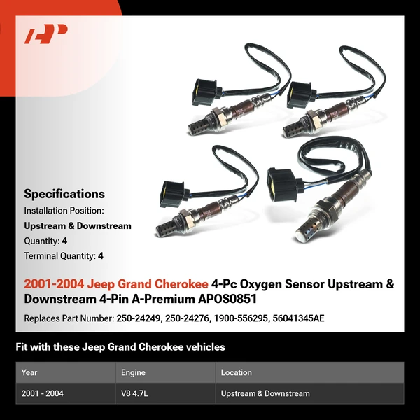 2001-2004 Jeep Grand Cherokee 4-Pc Oxygen Sensor Upstream & Downstream 4-Pin A-Premium APOS0851