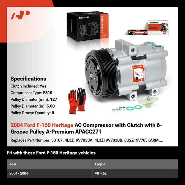 2004 Ford F-150 Heritage AC Compressor with Clutch with 6-Groove Pulley A-Premium APACC271