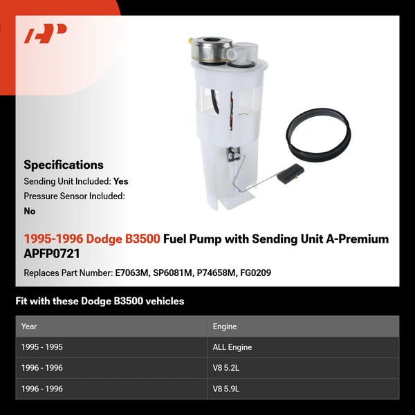 1995-1996 Dodge B3500 Fuel Pump with Sending Unit A-Premium APFP0721