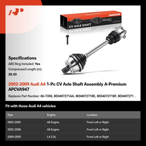 2002-2009 Audi A4 1-Pc CV Axle Shaft Assembly A-Premium APCVA947