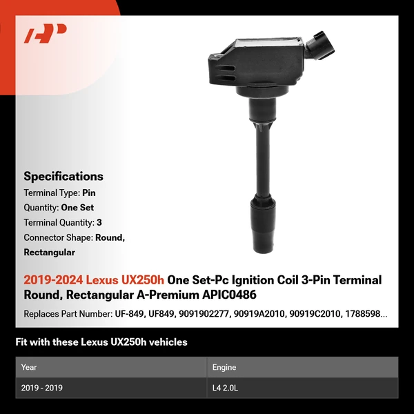 2019-2024 Lexus UX250h One Set-Pc Ignition Coil 3-Pin Terminal Round, Rectangular A-Premium APIC0486