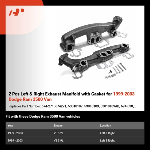 2 Pcs Left & Right Exhaust Manifold with Gasket for 1999-2003 Dodge Ram 3500 Van