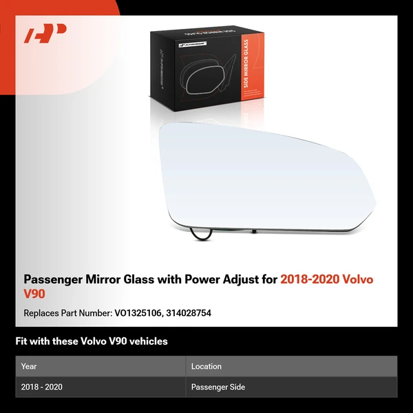 Passenger Mirror Glass with Power Adjust for 2018-2020 Volvo V90