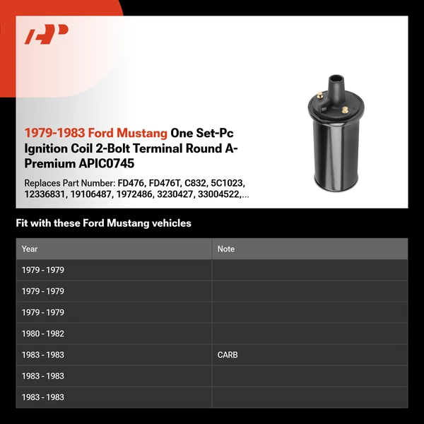 1979-1983 Ford Mustang One Set-Pc Ignition Coil 2-Bolt Terminal Round A-Premium APIC0745