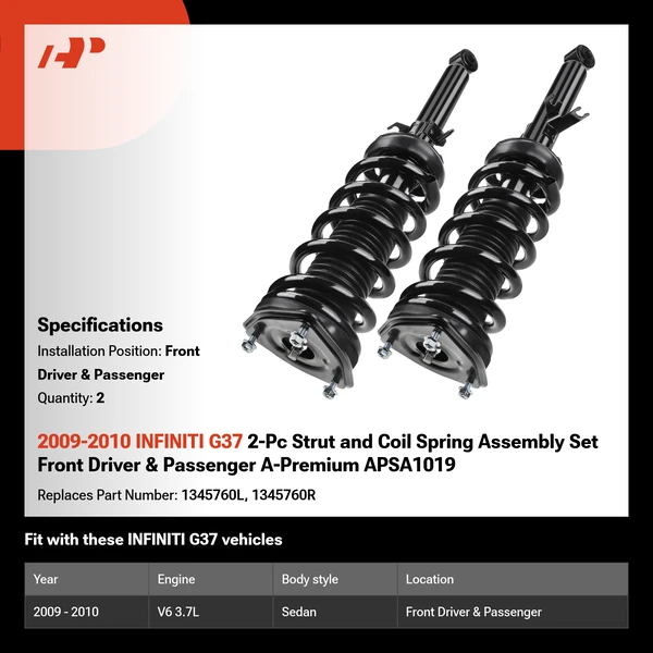 2009-2010 INFINITI G37 2-Pc Strut and Coil Spring Assembly Set Front Driver & Passenger A-Premium APSA1019