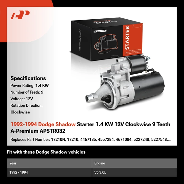 1992-1994 Dodge Shadow Starter 1.4 KW 12V Clockwise 9 Teeth A-Premium APSTR032