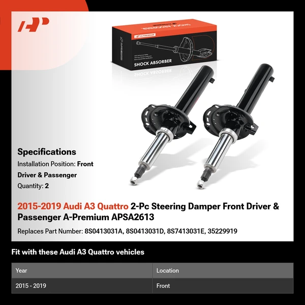 2015-2019 Audi A3 Quattro 2-Pc Steering Damper Front Driver & Passenger A-Premium APSA2613