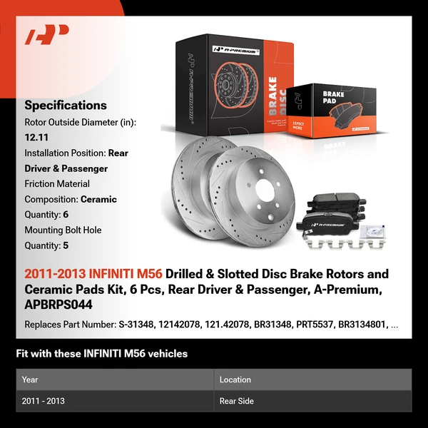 2011-2013 INFINITI M56 Drilled & Slotted Disc Brake Rotors and Ceramic Pads Kit, 6 Pcs, Rear Driver & Passenger, A-Premium, APBRPS044