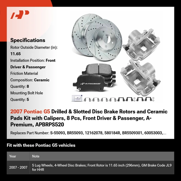 2007 Pontiac G5 Drilled & Slotted Disc Brake Rotors and Ceramic Pads Kit with Calipers, 8 Pcs, Front Driver & Passenger, A-Premium, APBRPS520