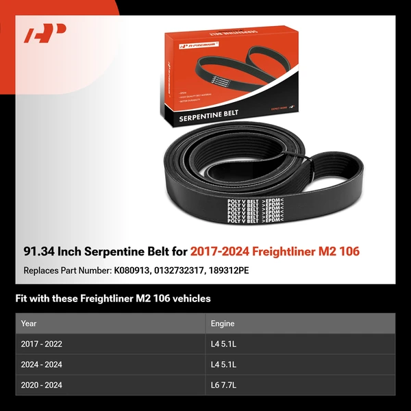 91.34 Inch Serpentine Belt for 2017-2024 Freightliner M2 106