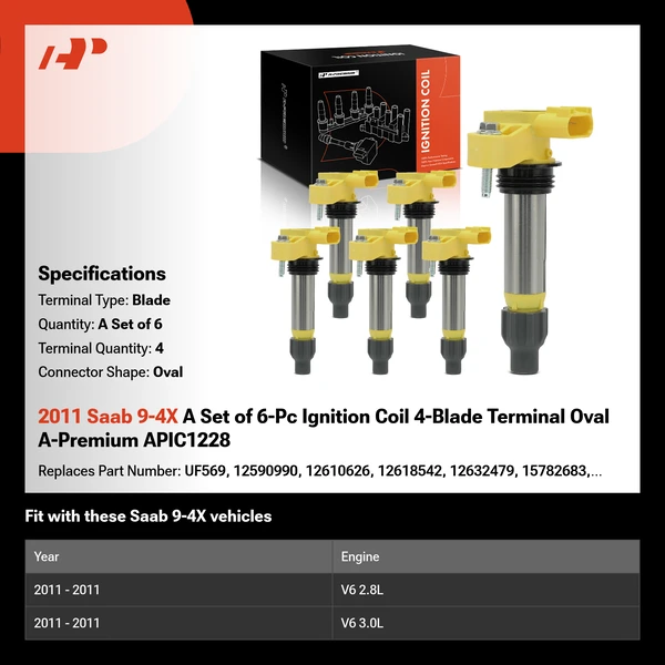2011 Saab 9-4X A Set of 6-Pc Ignition Coil 4-Blade Terminal Oval A-Premium APIC1228