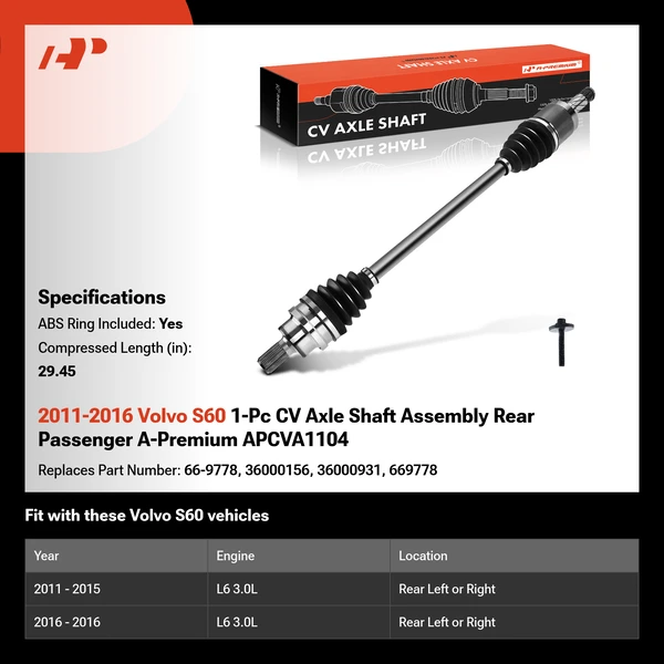2011-2016 Volvo S60 1-Pc CV Axle Shaft Assembly Rear Passenger A-Premium APCVA1104