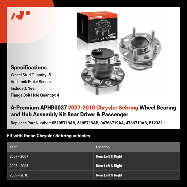 A-Premium APHB0037 2007-2010 Chrysler Sebring Wheel Bearing and Hub Assembly Kit Rear Driver & Passenger
