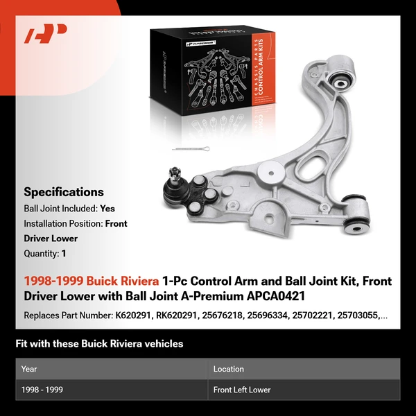 1998-1999 Buick Riviera 1-Pc Control Arm and Ball Joint Kit, Front Driver Lower with Ball Joint A-Premium APCA0421