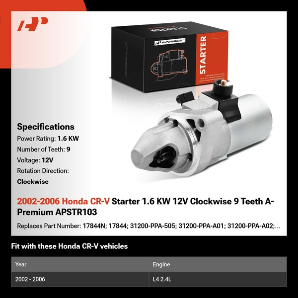 2002-2006 Honda CR-V Starter 1.6 KW 12V Clockwise 9 Teeth A-Premium APSTR103