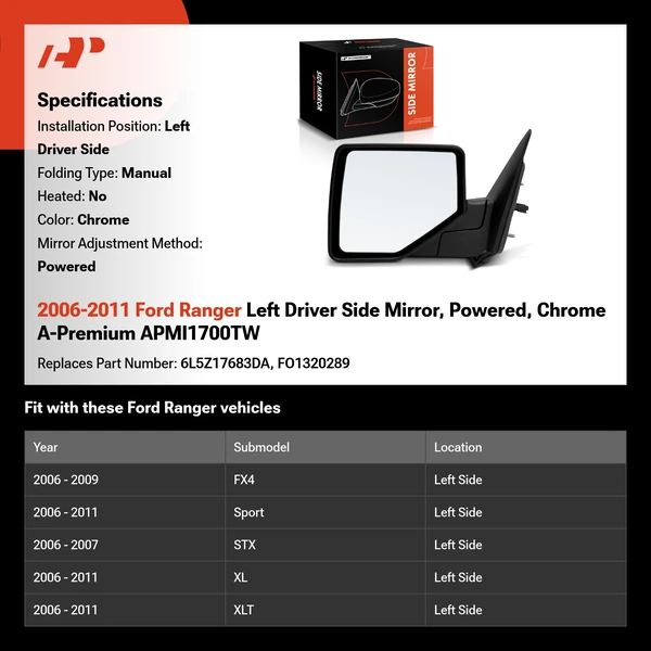 2006-2011 Ford Ranger Left Driver Side Mirror, Powered, Chrome A-Premium APMI1700TW