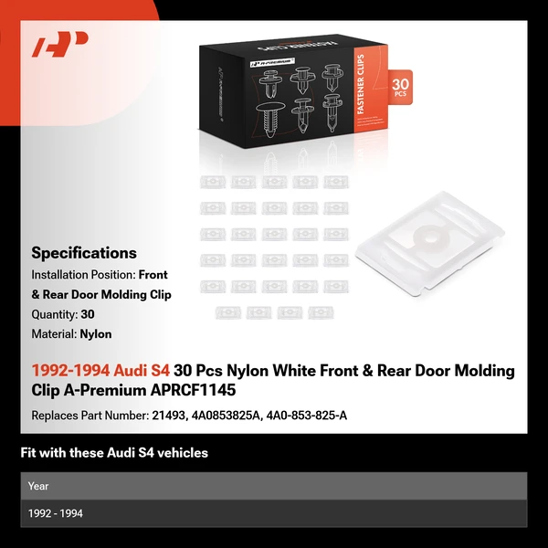 1992-1994 Audi S4 30 Pcs Nylon White Front & Rear Door Molding Clip A-Premium APRCF1145