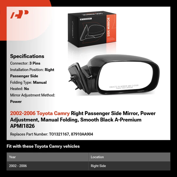 2002-2006 Toyota Camry Right Passenger Side Mirror, Power Adjustment, Manual Folding, Smooth Black A-Premium APMI1826