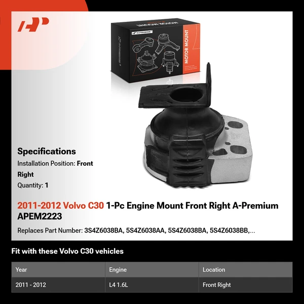 2011-2012 Volvo C30 1-Pc Engine Mount Front Right A-Premium APEM2223