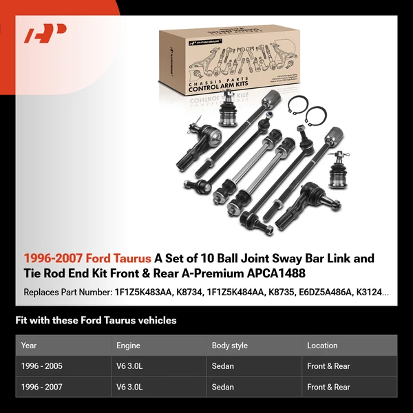 1996-2007 Ford Taurus A Set of 10 Ball Joint Sway Bar Link and Tie Rod End Kit Front & Rear A-Premium APCA1488