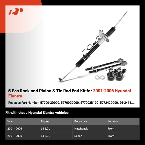 5 Pcs Rack and Pinion & Tie Rod End Kit for 2001-2006 Hyundai Elantra