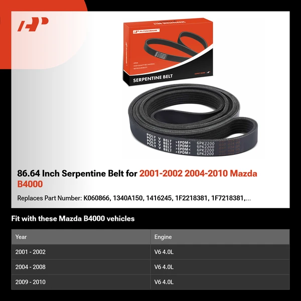 86.64 Inch Serpentine Belt for 2001-2002 2004-2010 Mazda B4000