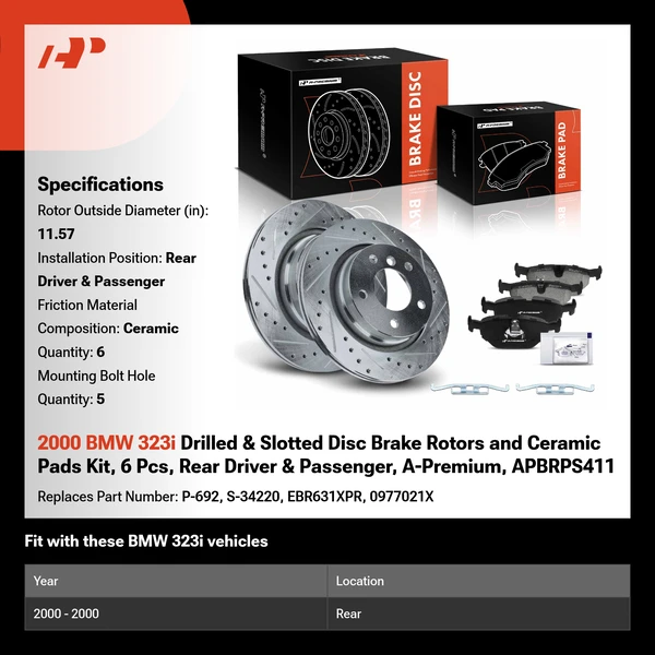 2000 BMW 323i Drilled & Slotted Disc Brake Rotors and Ceramic Pads Kit, 6 Pcs, Rear Driver & Passenger, A-Premium, APBRPS411