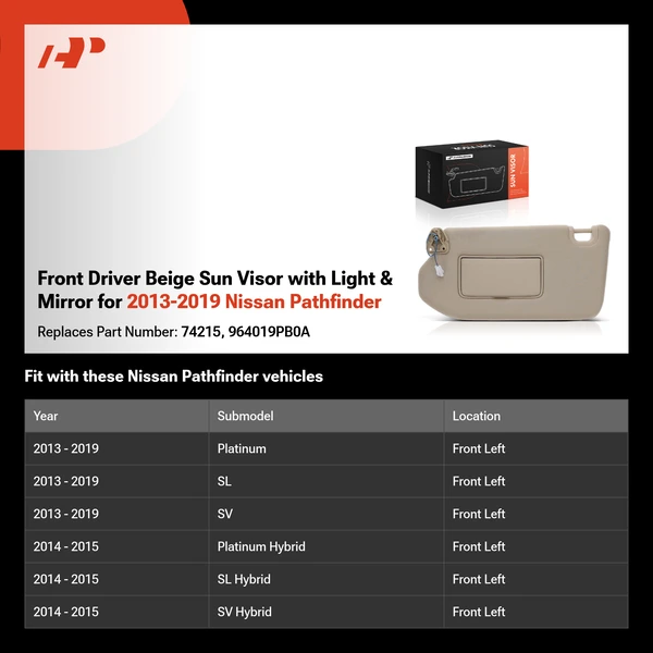 Front Driver Beige Sun Visor with Light & Mirror for 2013-2019 Nissan Pathfinder